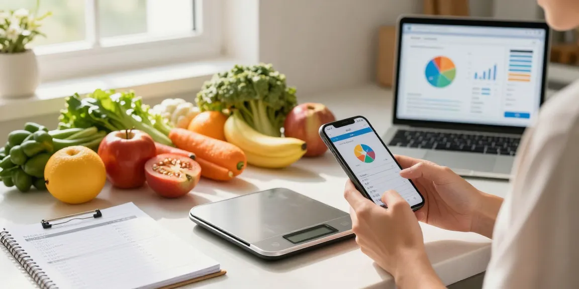 Logging meals on the best calorie tracking app with fresh ingredients in a bright kitchen.