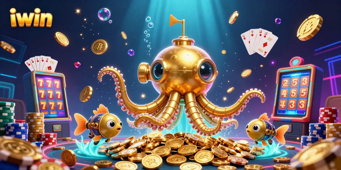 Experience iwin's exciting slots with this vibrant 3D underwater casino scene filled with treasures.