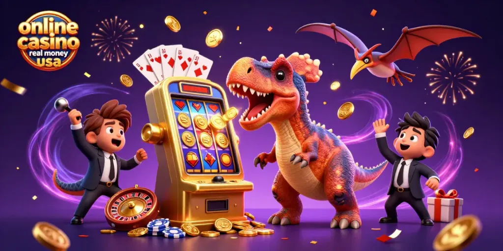 Experience the excitement of an online casino real money usa as animated dinosaurs celebrate a jackpot win.