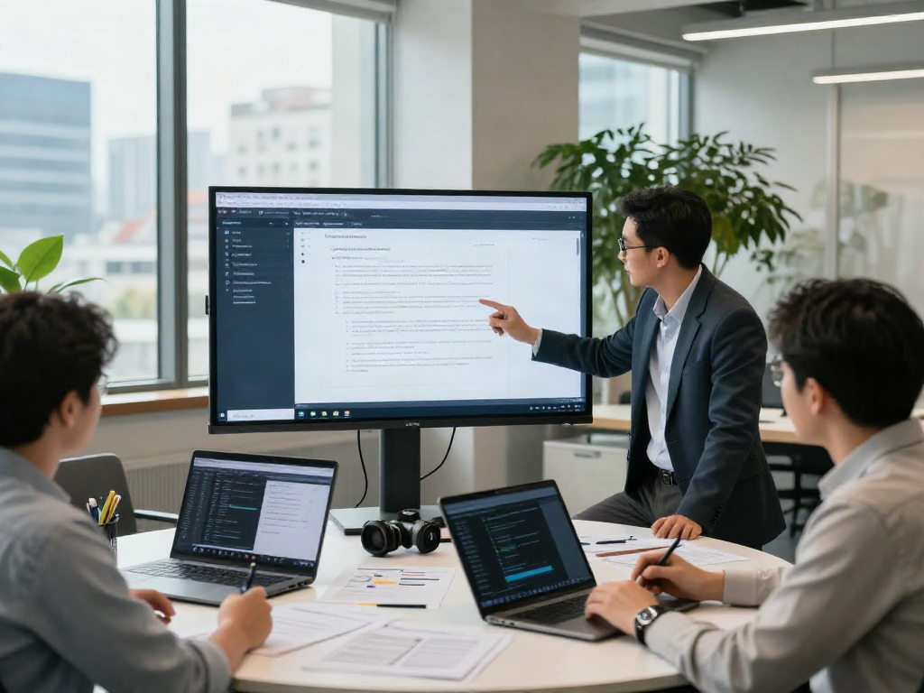 Data analyst demonstrating document fraud detection software in a modern office environment.
