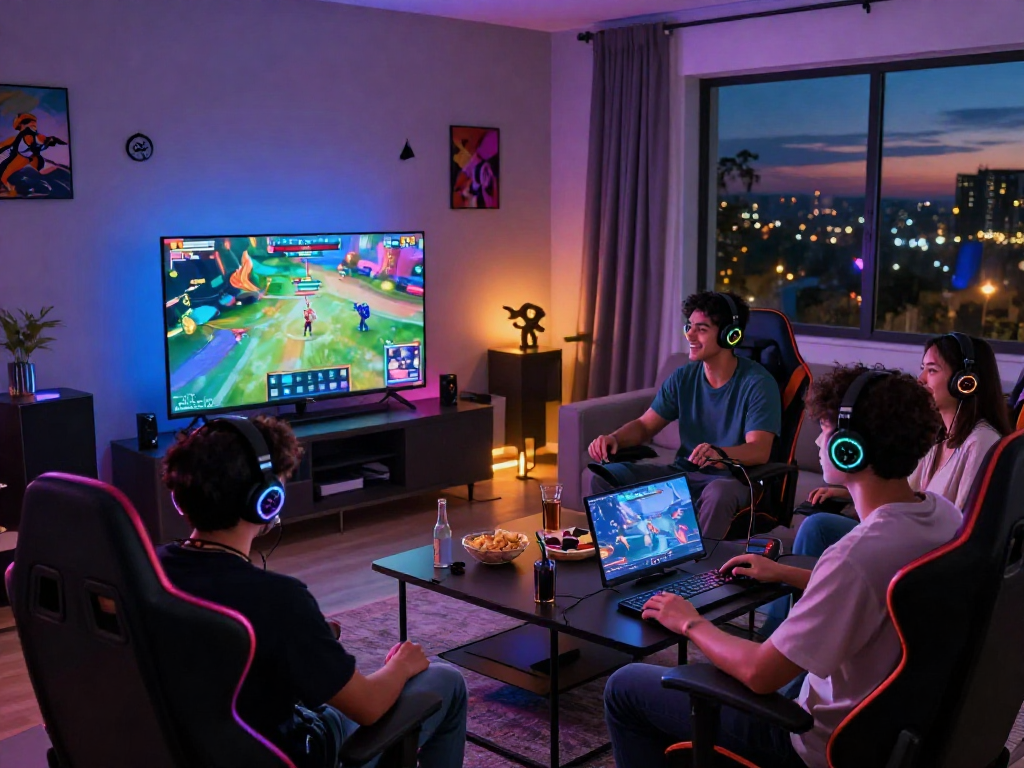 Bola88 digital gaming experience with friends in a stylish living room.