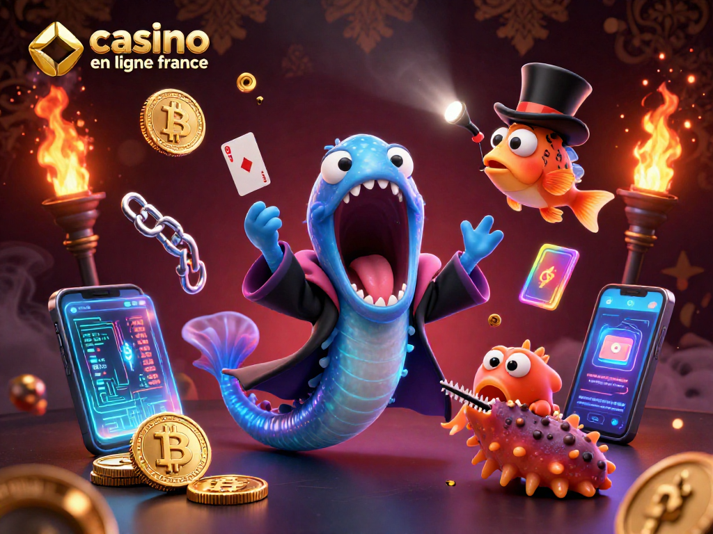 Illustration dynamique d'un casino en ligne France avec une anguille magique, attirant les joueurs aux jeux captivants.