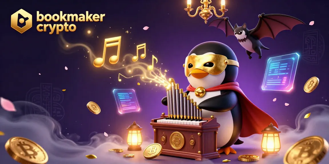 Placement de paris sur bookmaker crypto avec un pingouin jouant de l'orgue, pièces dorées et effets dynamiques