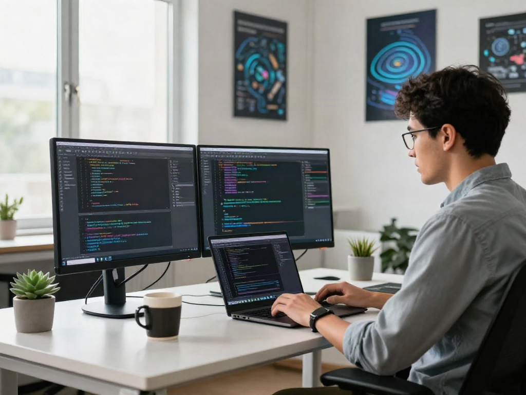 Developer working on pikashow apk download project in a modern office.