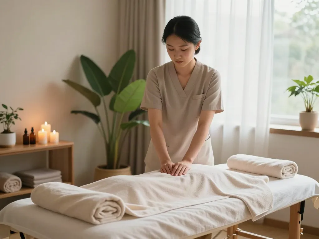 Female therapist preparing for a 출장마사지 session in a tranquil spa environment with calming decor.