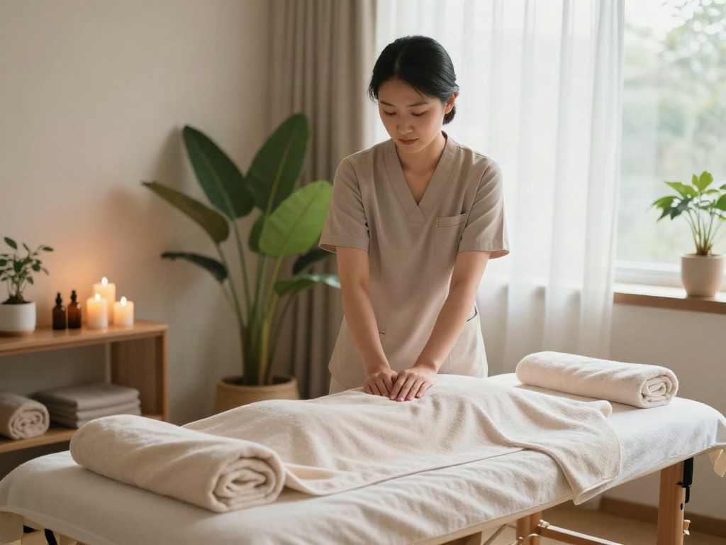 Female therapist preparing for a 출장마사지 session in a tranquil spa environment with calming decor.