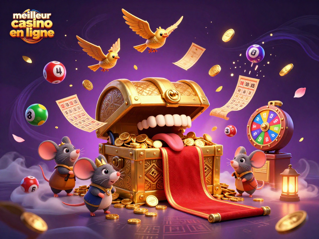 Explorez le meilleur casino en ligne avec un coffre au trésor doré captivant, entouré de lots dynamiques.