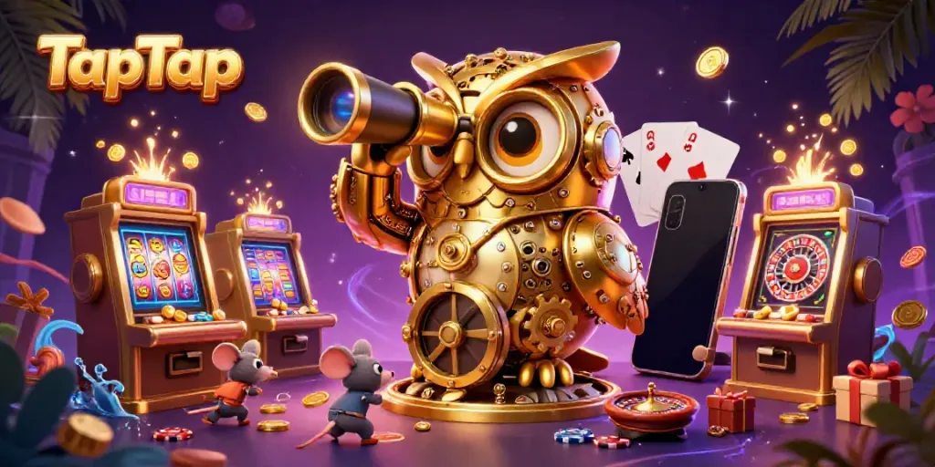 Engage with TapTap and witness a golden owl overseeing vibrant casino activities amidst exciting slot games.