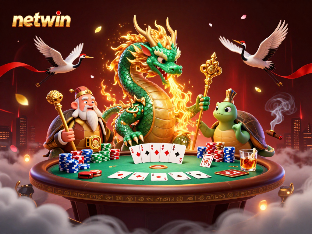 Engage with Netwin's vibrant casino world, featuring mystical creatures and poker elements.