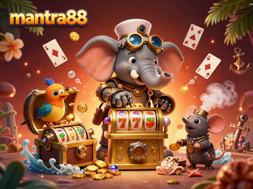 Spin the slots with mantra88 in this dynamic casino scene filled with treasures and vivid characters.