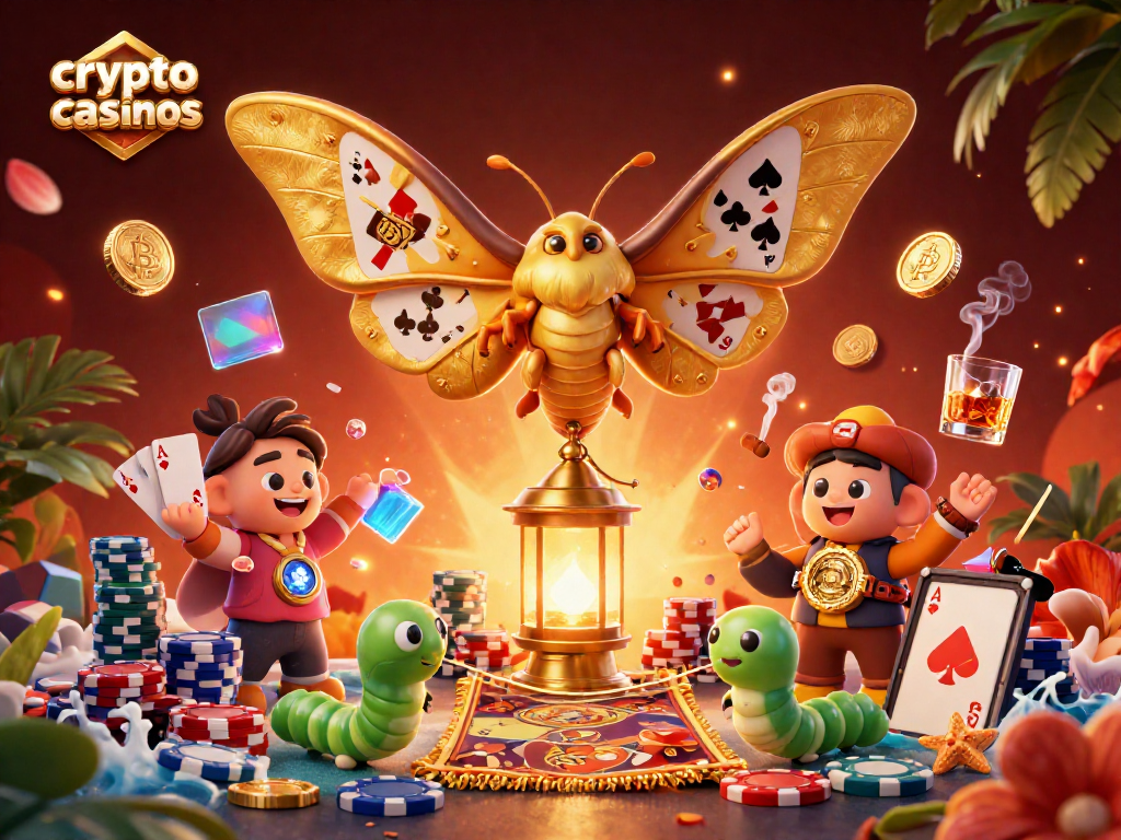 Jouer sur les crypto casinos avec un élégant papillon et de nombreux éléments de jeu autour.