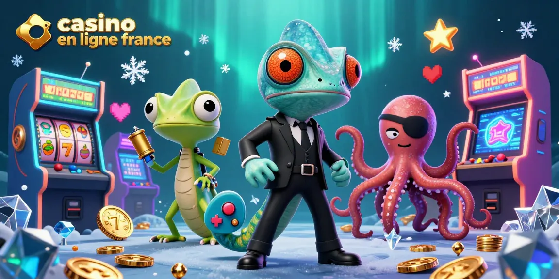 Le caméléon agent secret, le gecko Q et une pieuvre mystérieuse au casino en ligne France, entourés d'éléments de jeux colorés.