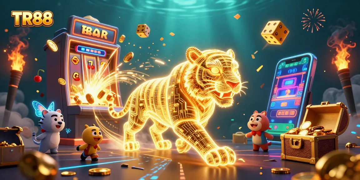 TR88 players engaging in vibrant digital casino excitement, witnessing a jackpot explosion with stunning visuals.