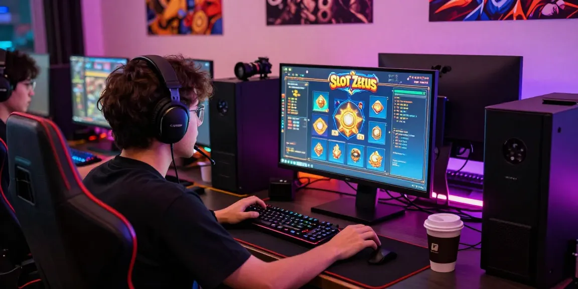 Online gaming atmosphere with Slot Zeus experience on situs raja, vibrant gaming setup and player excitement.
