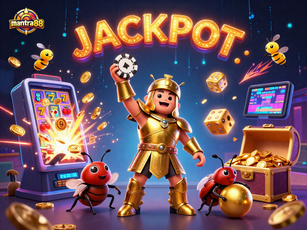 mantra88 conquers the casino world with a heroic beetle and jackpot celebration in vibrant 3D.