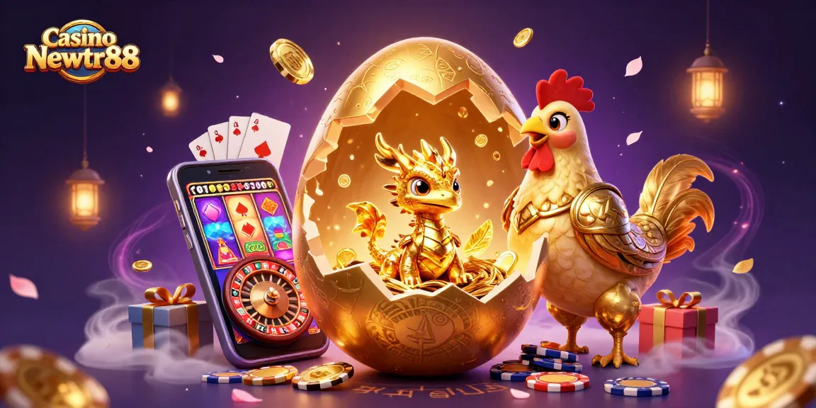 Experience the excitement at Casino Newtr88 with a dazzling golden dragon and gaming elements in a rich 3D illustration.