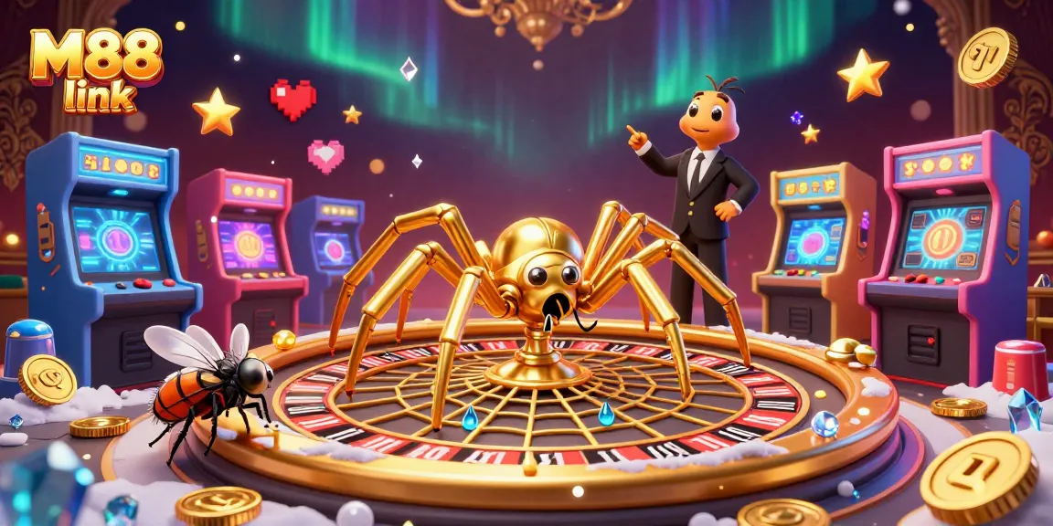 Place bets with M88 link at an online casino featuring a golden roulette web.