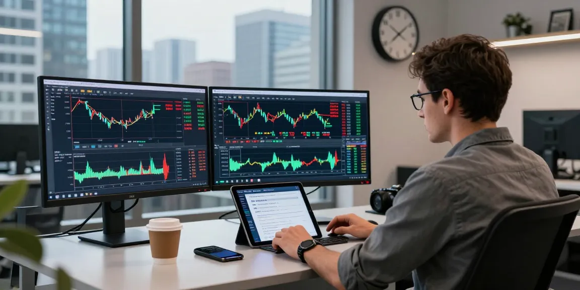 Engaged trader analyzing charts on MetaTrader 4 platform in a modern workspace.