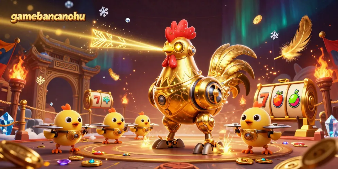 Experience gamebancanohu in a thrilling 3D scene featuring a golden rooster robot and vibrant casino elements.