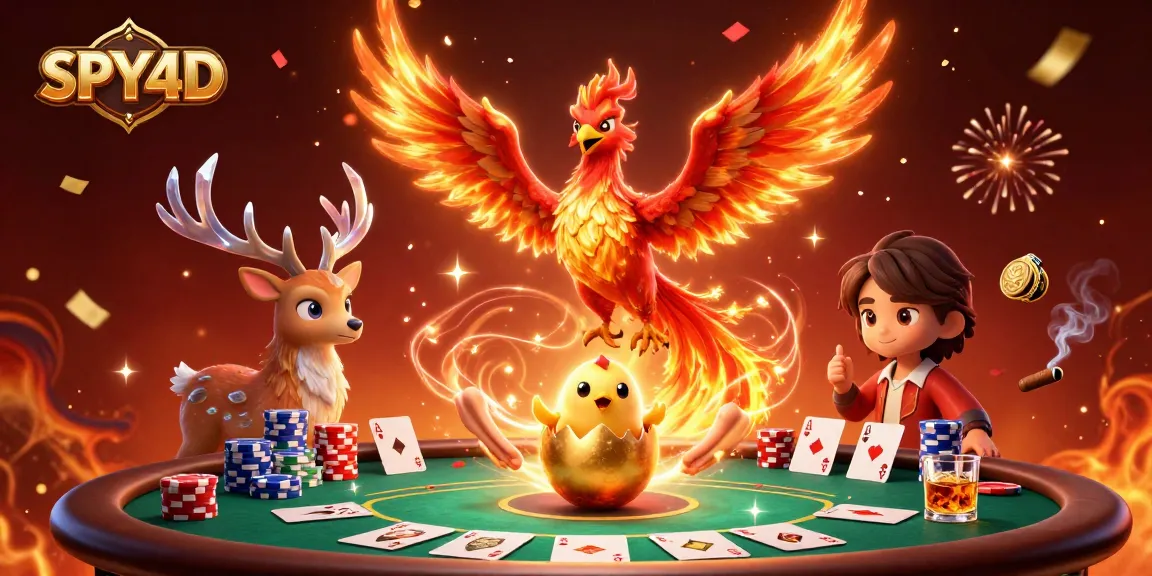 Menghadirkan SPY4D, adegan kasino yang meriah dengan phoenix, kartu poker, dan pesta konfeti.