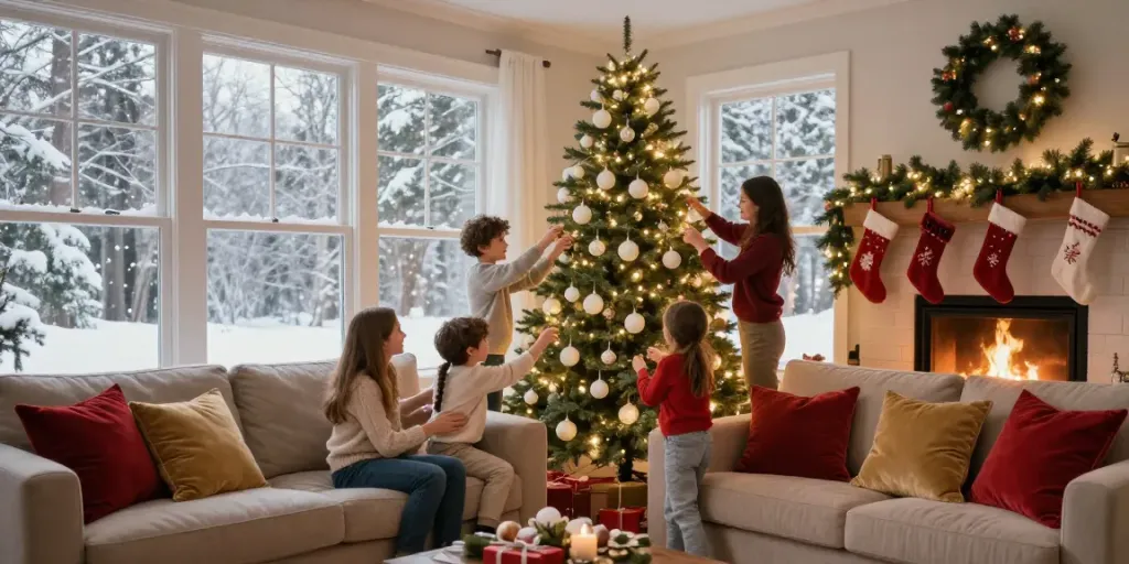 Family decorating a beautiful christmas tree with white ornaments in a cozy living room.