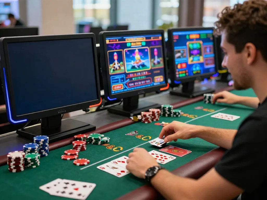 Engaging online gambling scene with person interacting with koitoto gaming interface, poker chips, and vibrant atmosphere.