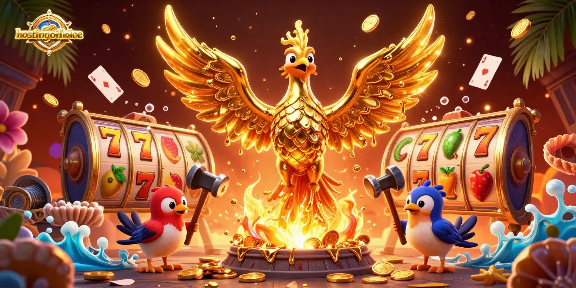 Experience the thrill of playing slots with hostingofchoice, featuring a molten metal phoenix and exciting casino elements.