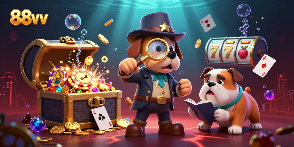 Engage with the vibrant casino scene featuring 88vv as a bloodhound detective examines a treasure clue.