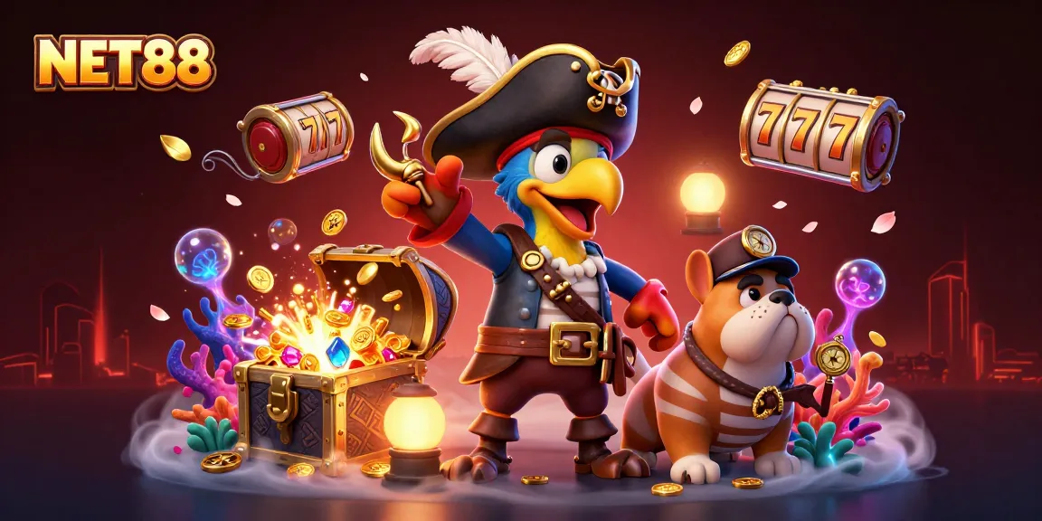 Experience NET88 with an engaging underwater treasure scene featuring pirate-themed characters and dynamic slots elements.