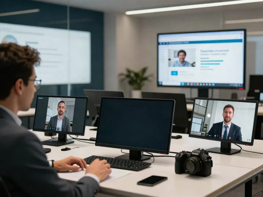 Team engaging in Deepfake protected Online Video Calls during conferencing, highlighting security and collaboration.