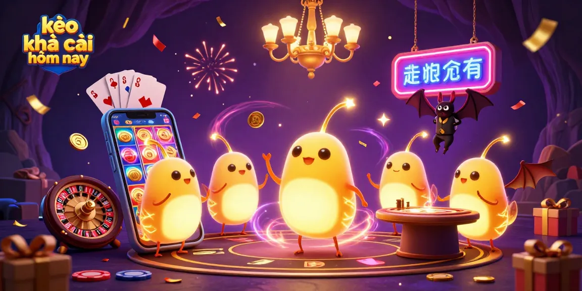 Engaging kèo nhà cái hôm nay illustration showing glowworms and a bat dealer in a lively casino scene.