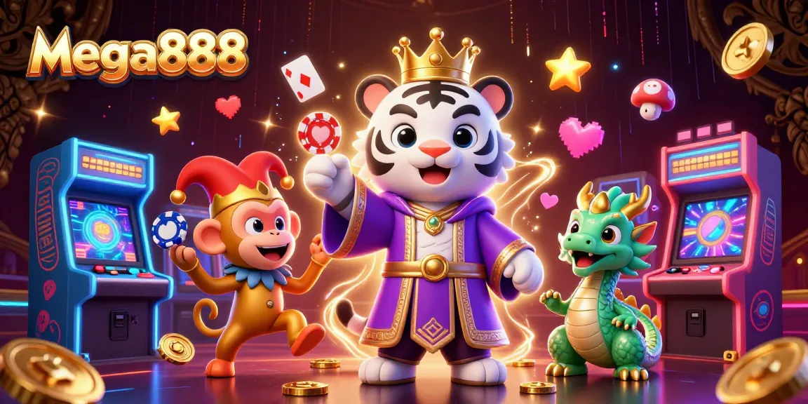 Experience mega888 excitement with a vibrant casino scene featuring unique characters and gaming elements.