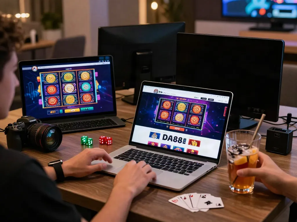 Engaged user exploring the DA88 online gambling platform, highlighting vibrant gaming elements.