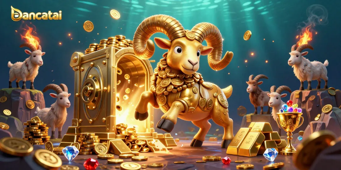 Experience the thrill of bancatai with a golden ram charging at a treasure-filled gate, surrounded by dazzling gems.