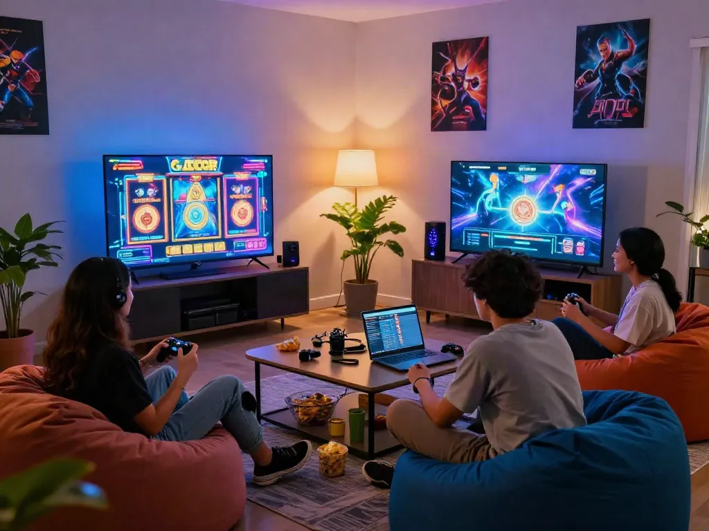 Friends enjoying slot gacor games in a colorful living room setting.