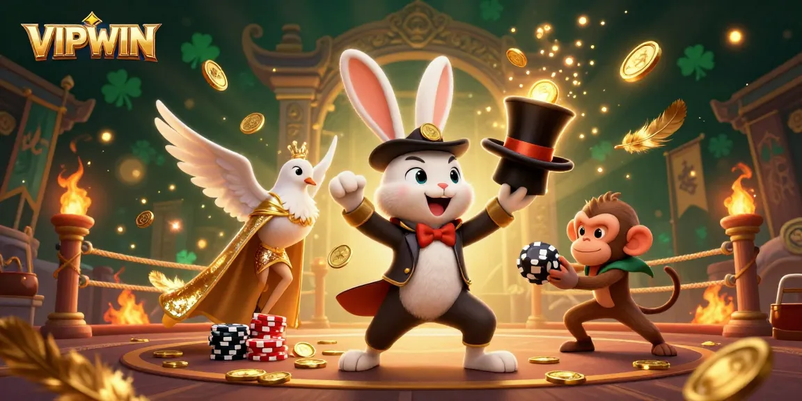 VIPWIN showcases a lively 3D scene with a magician rabbit and a dazzling dove amidst golden coins and bonuses.