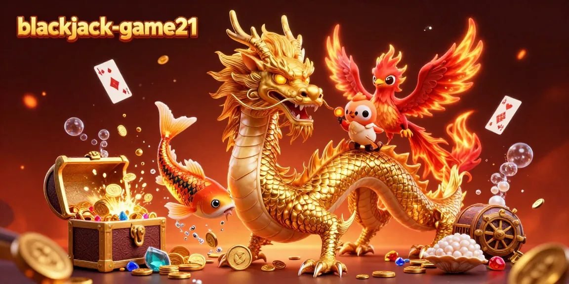 Experience the excitement of blackjack-game21 with a dynamic scene showcasing a golden dragon, phoenix, and koi fish amidst casino treasures.