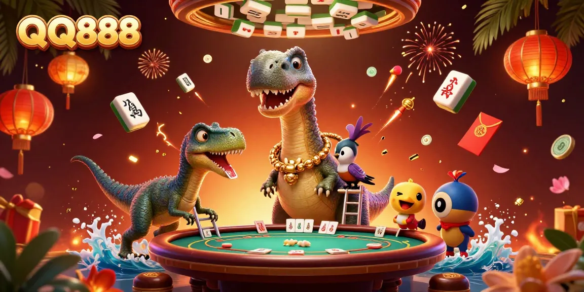 Join the thrill of QQ888 as a brontosaurus towers over a vibrant casino scene, with an engaging poker setup.