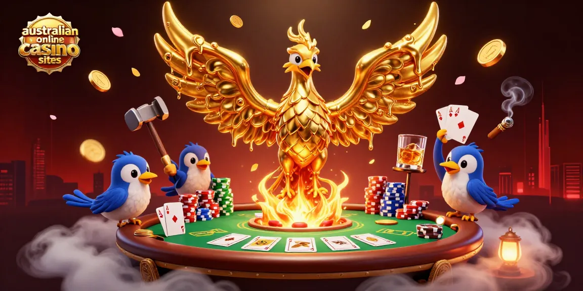 Engage with australian online casino sites as a phoenix rises from golden coins amidst poker and casino elements.