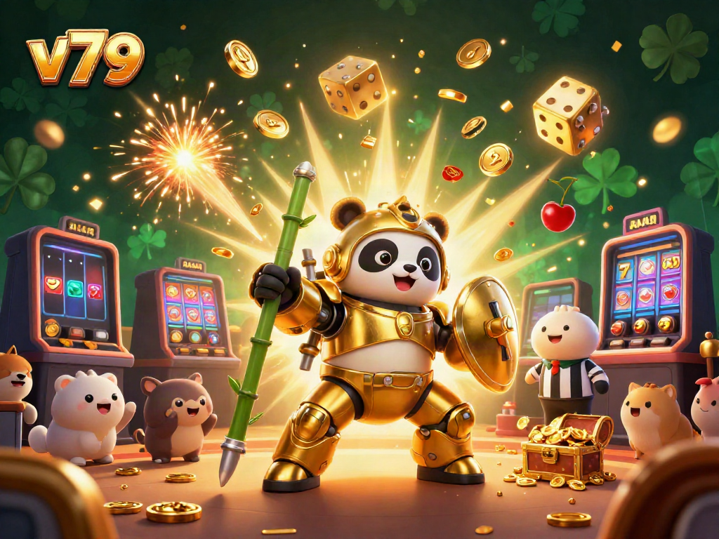 Experience the excitement of v79 with a vibrant 3D illustration showcasing dynamic casino elements and action.