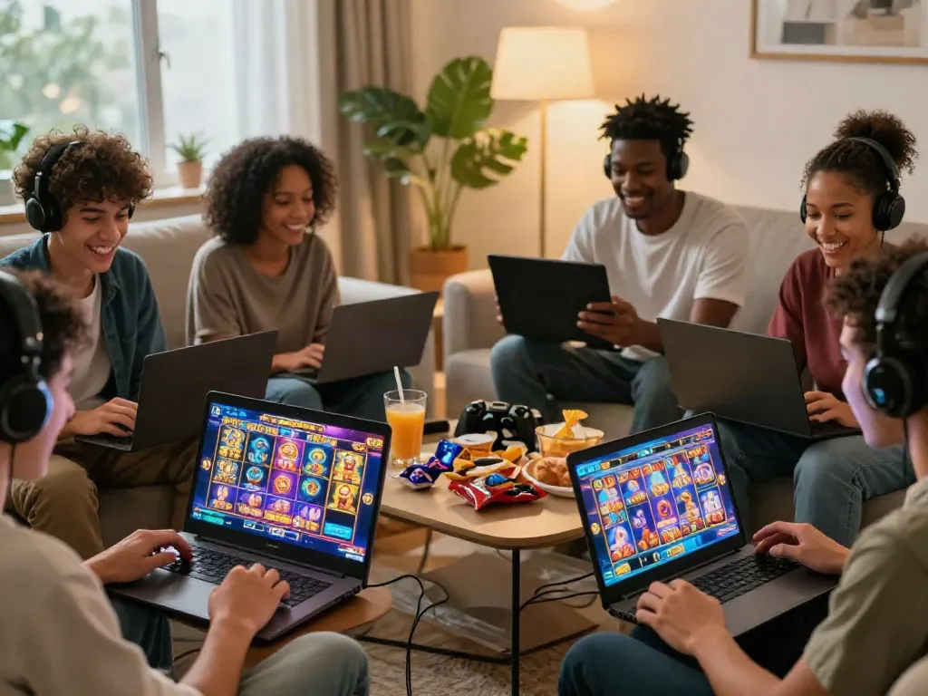 Dynamic gaming scene with players enjoying Slot MAHJONGJP88 on various devices in a cozy home.
