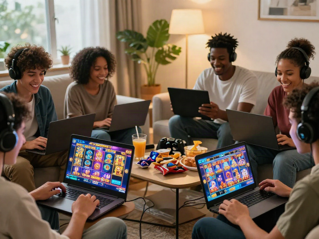 Dynamic gaming scene with players enjoying Slot MAHJONGJP88 on various devices in a cozy home.