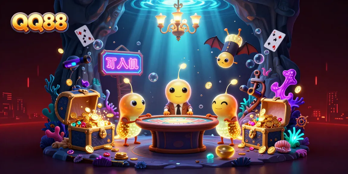 Experience thrilling gaming action at QQ88 with a captivating 3D illustration of glowing creatures in an enchanting casino setting.