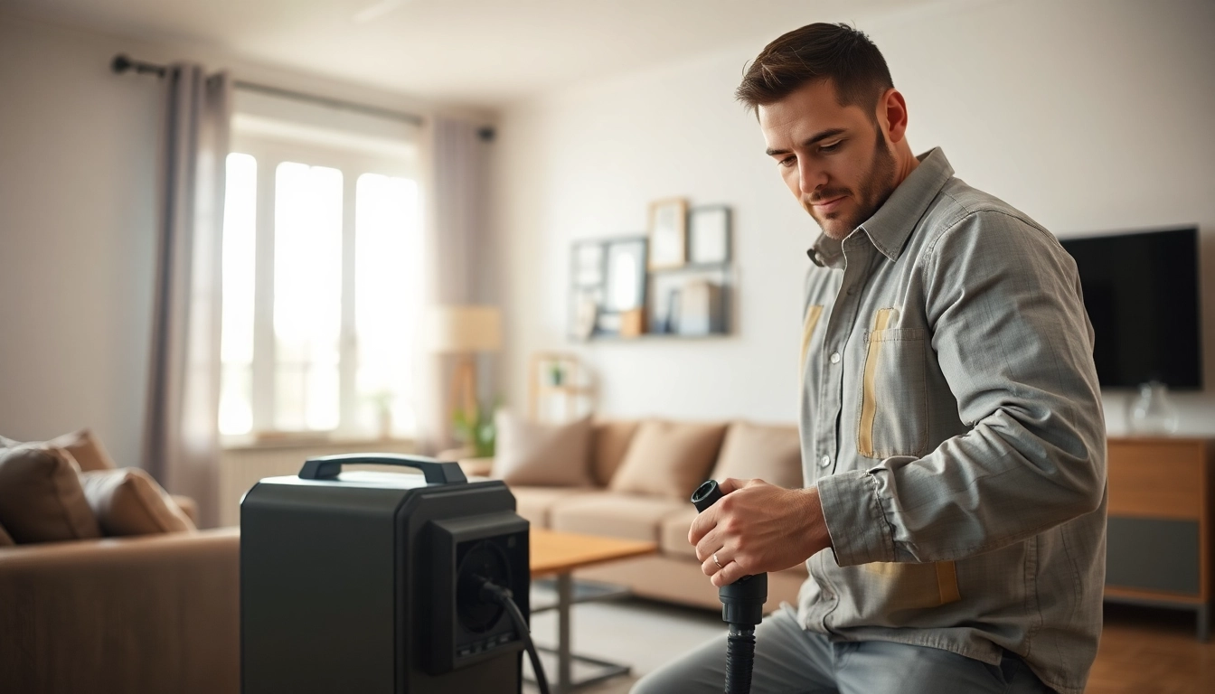 Illustration of bed bug heat treatment demonstration with professional equipment in a living room.