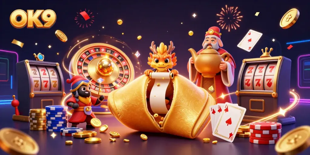 Engage with OK9's exciting online casino atmosphere through a vibrant 3D digital illustration.