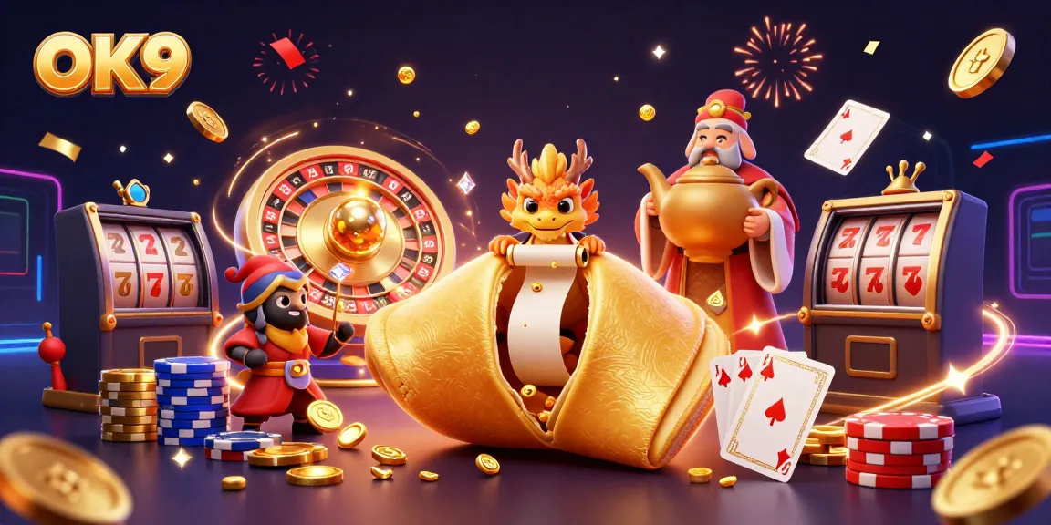 Engage with OK9's exciting online casino atmosphere through a vibrant 3D digital illustration.