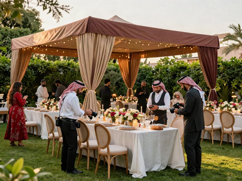 Outdoor event rental ksa setup with luxurious marquee, elegant tables, and vibrant decorations, ideal for memorable gatherings.