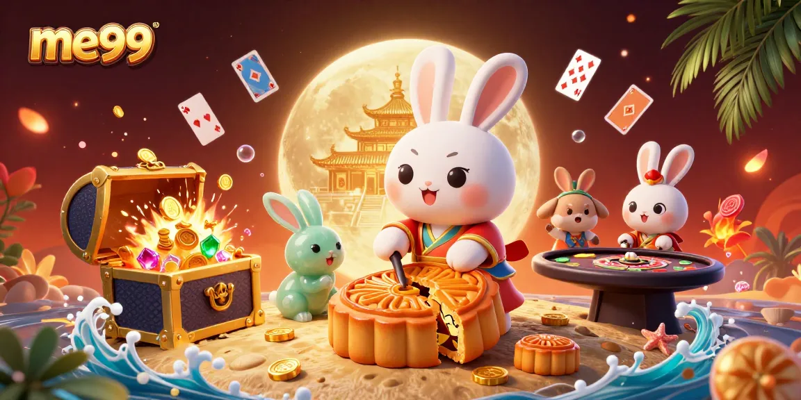 Engage in me99's enchanting universe as the moon rabbit reveals poker chips from mooncakes amid vibrant casino elements.