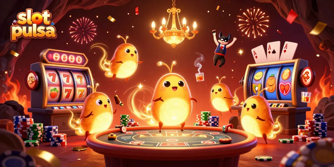 Permainan slot pulsa yang menarik dengan suasana kasino yang menggembirakan dan karakter kartun.
