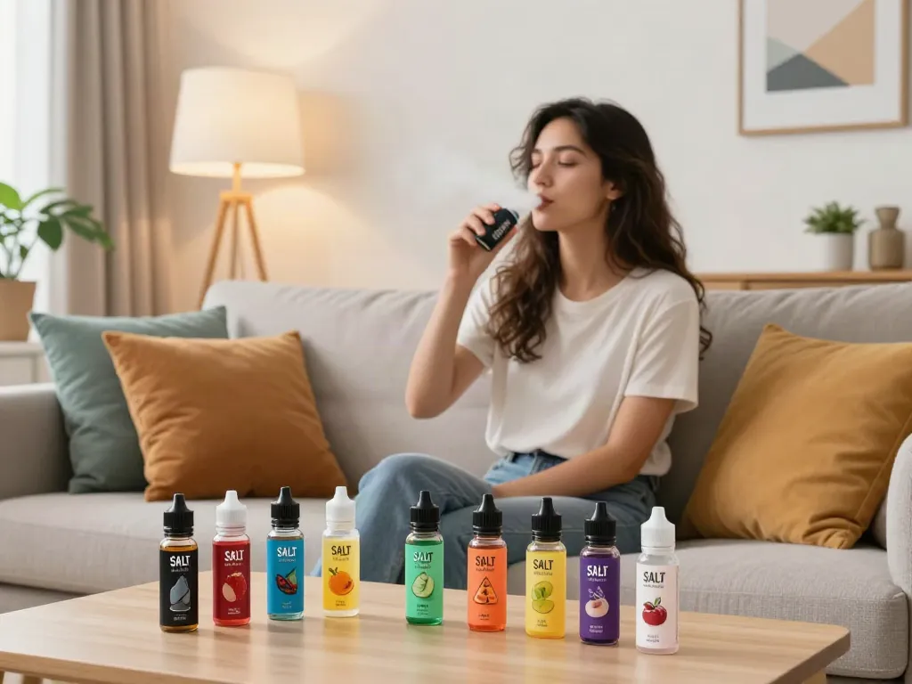 Vaper experiencing the smooth flavors of salt nicotine vape juice in a cozy living room.